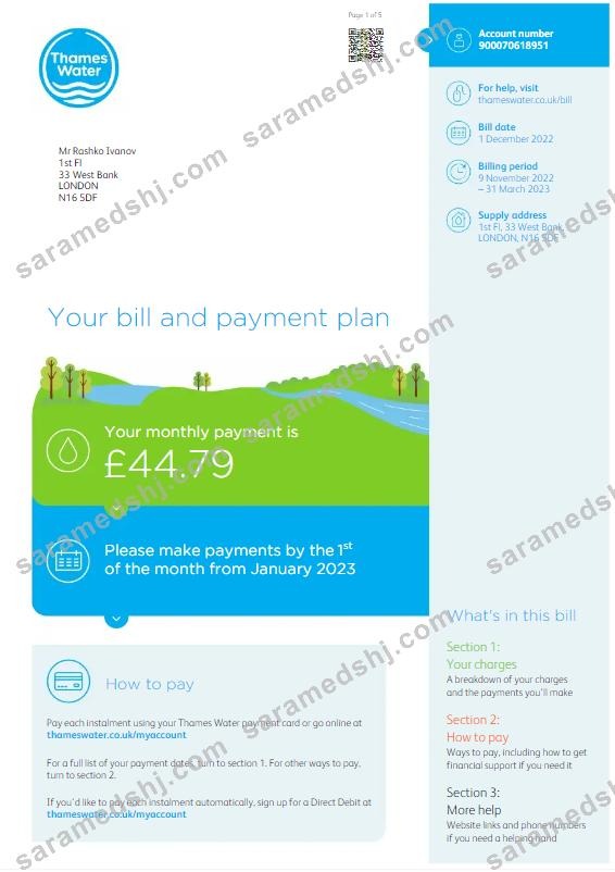 UNITED KINGDOM THAMES WATER utility bill Word and PDF template, version 3